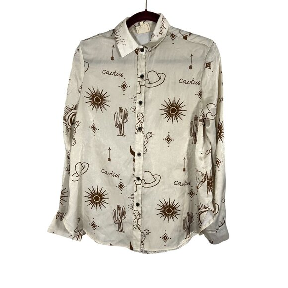 Retro Western Cowgirl Shirt Tan L Country Farm Classic Chic Concert Preppy 80s - Picture 1 of 13